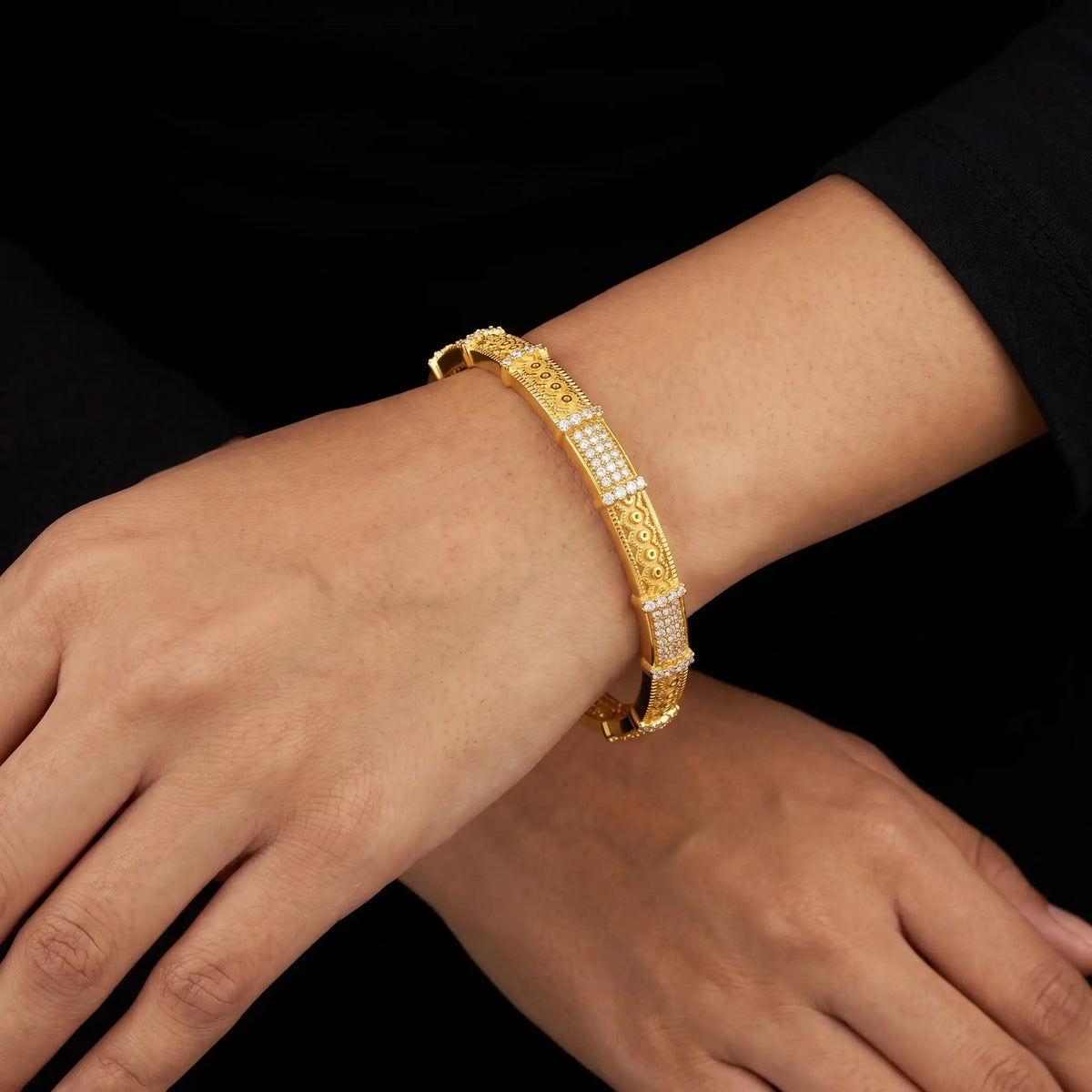 CZ Pave Panel Filigree Circle Stone Bangle Gold Layered