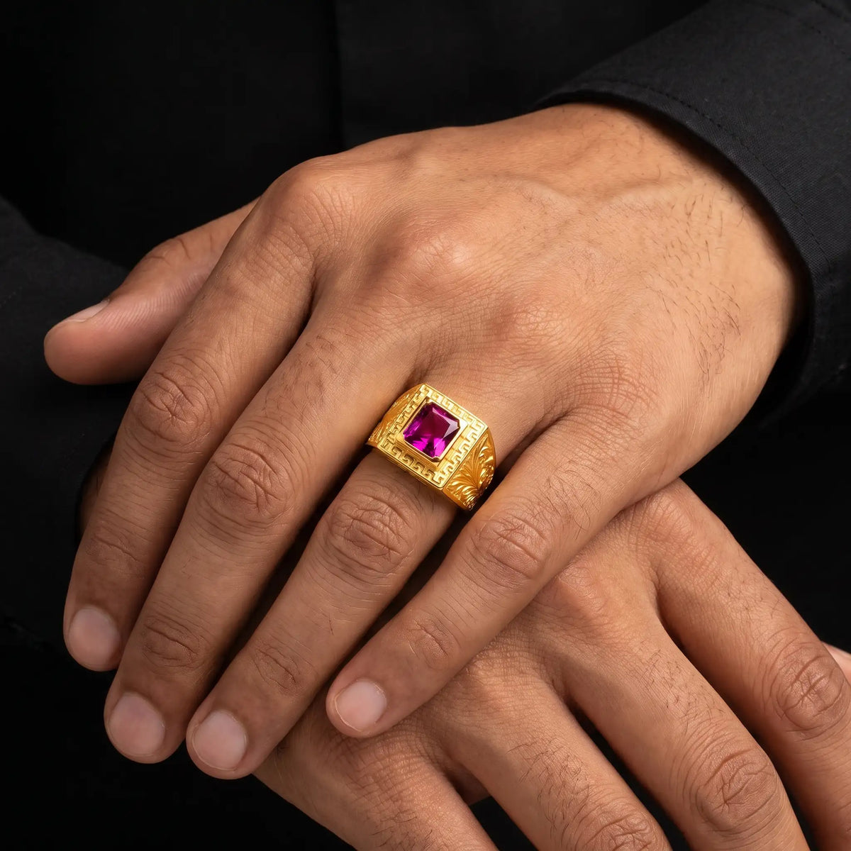 Ruby Colour Square Signet Engraved Gents Ring Gold Layered
