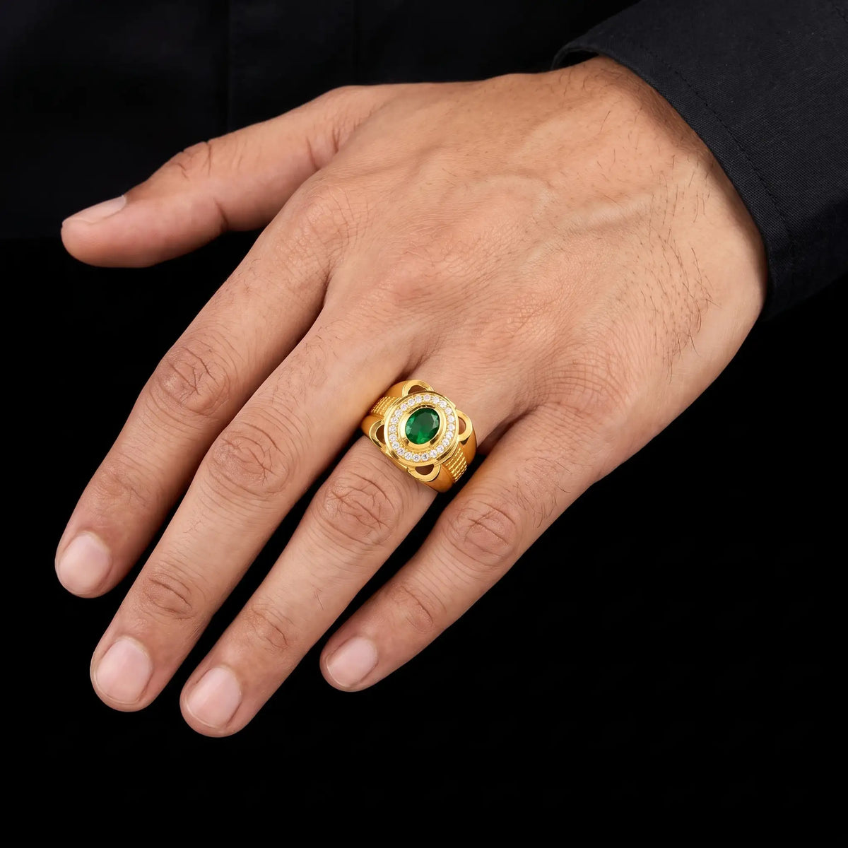 Emerald Colour Oval Halo CZ Gents Ring Gold Layered