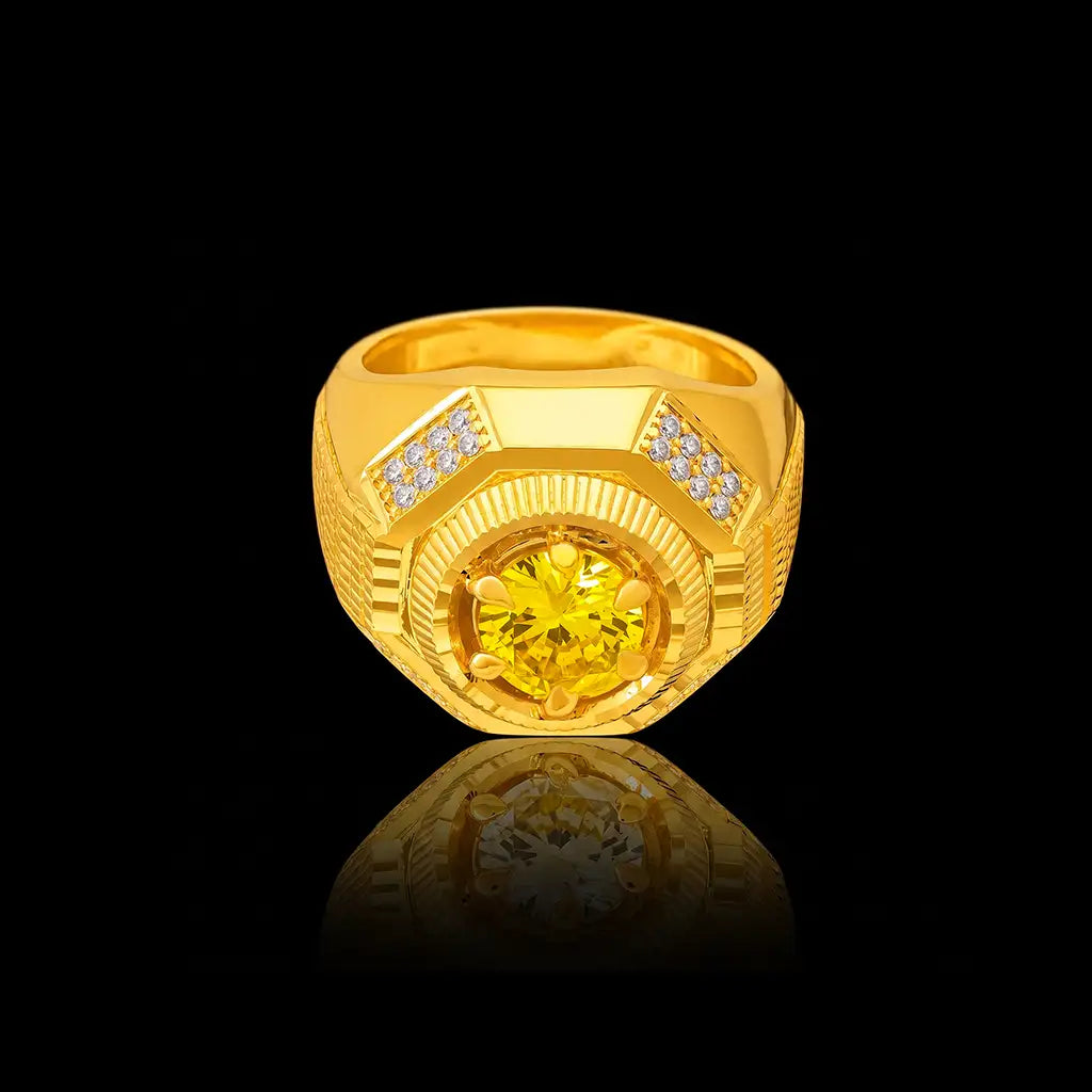 Yellow CZ Octagon Signet Engraved Gents Ring Gold Layered
