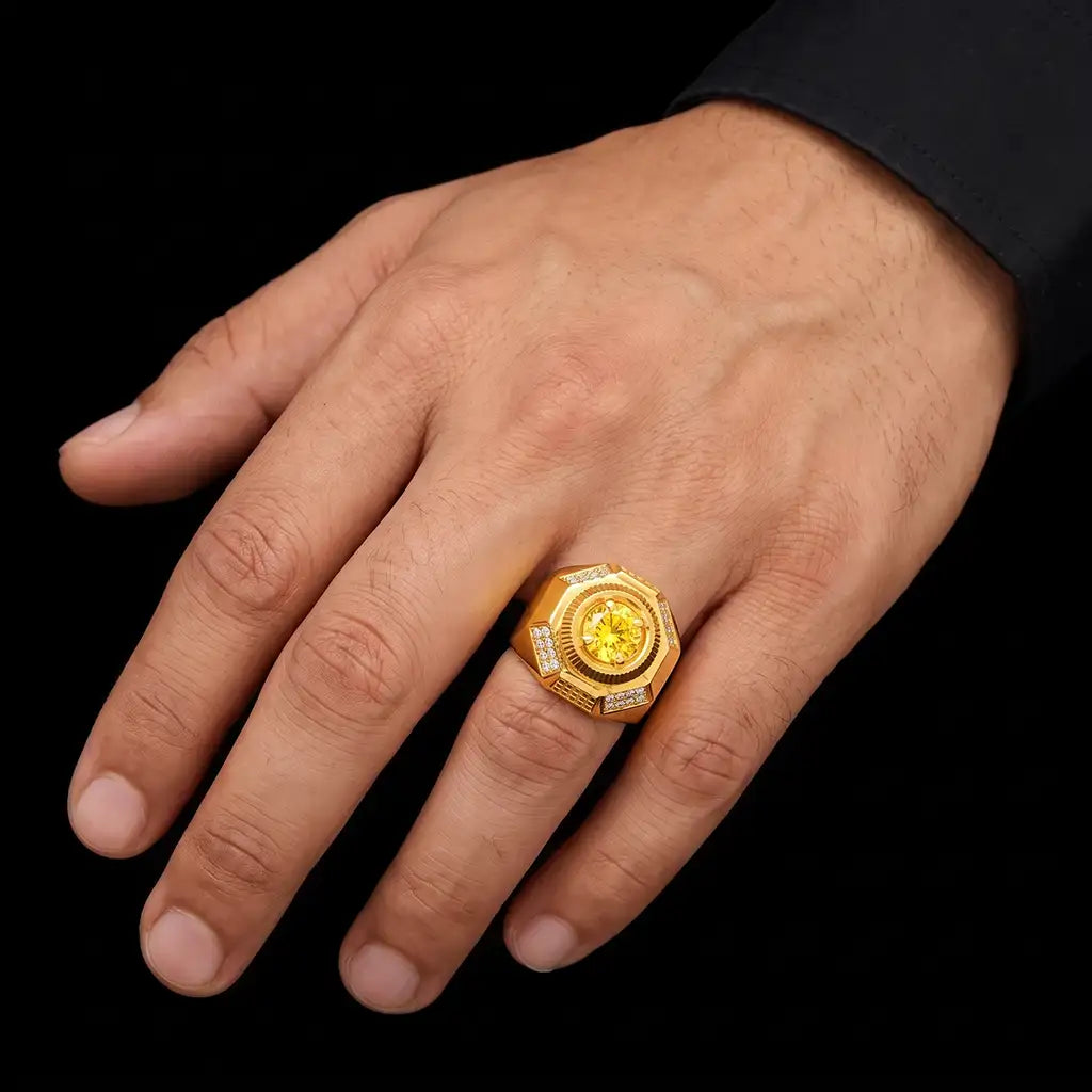 Yellow CZ Octagon Signet Engraved Gents Ring Gold Layered