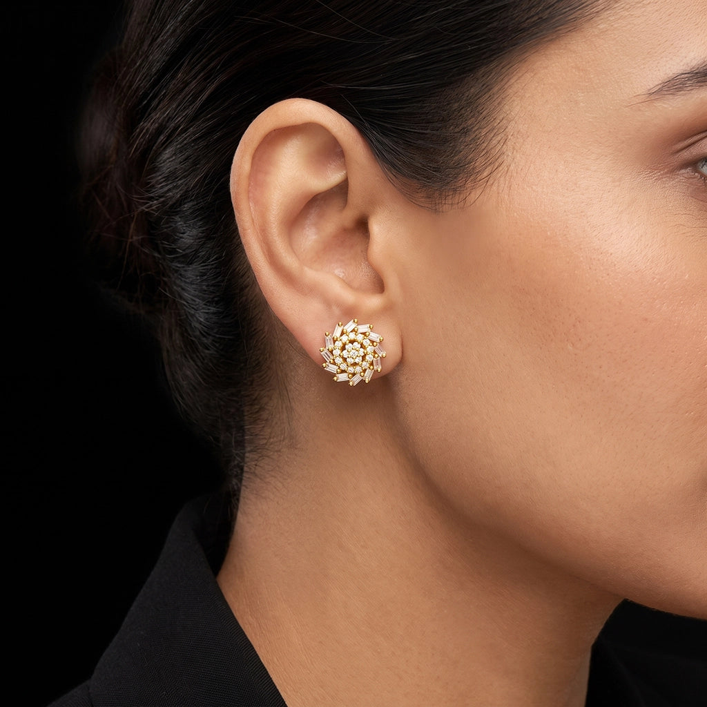CZ Baguette Bloom Spiral Stud Gold Layered