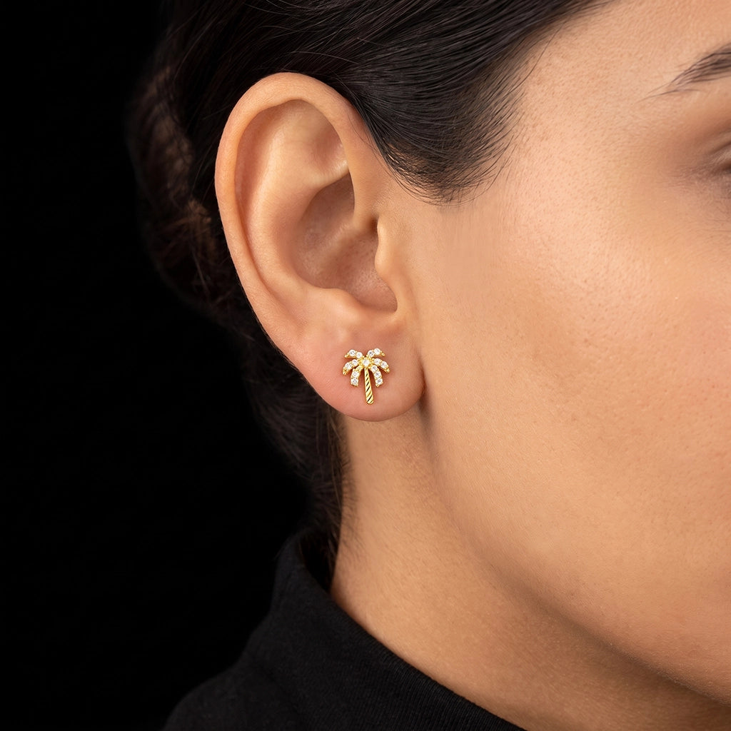 CZ Palm Tree Pave Stone Stud Gold Layered