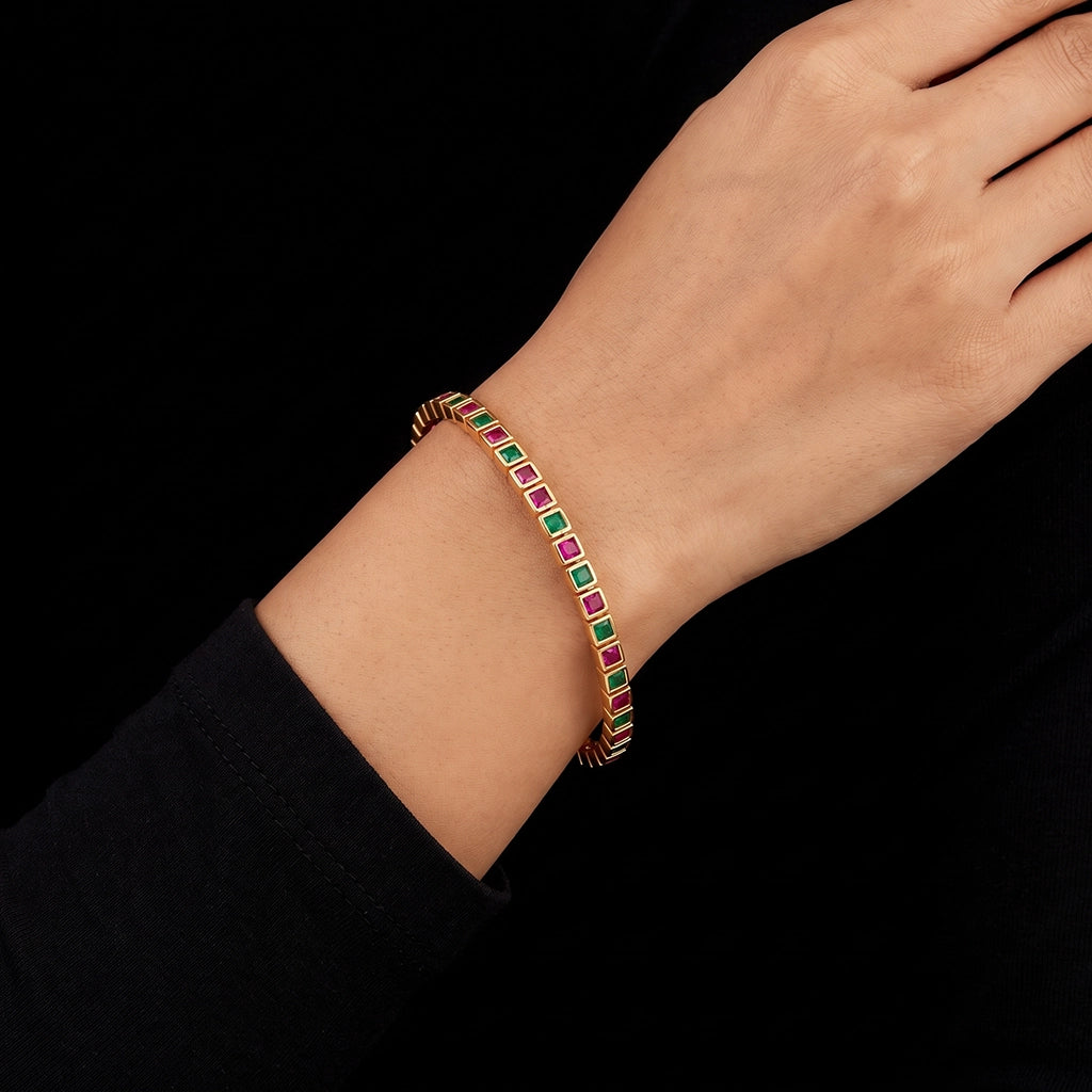 Square Bezel Alternating Stone Link Bangle Antique Finish
