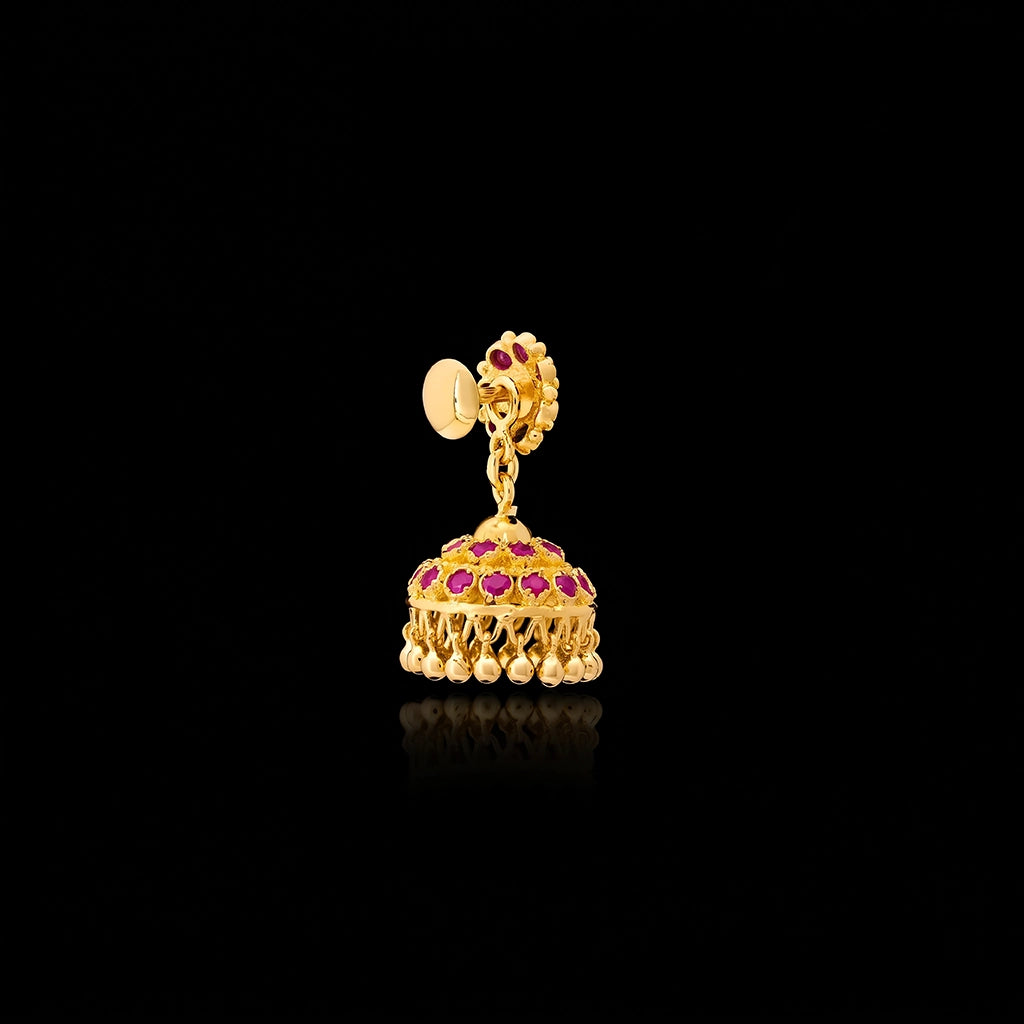 Ruby Stone Floral Bell Jhumka Earrings Gold Layered