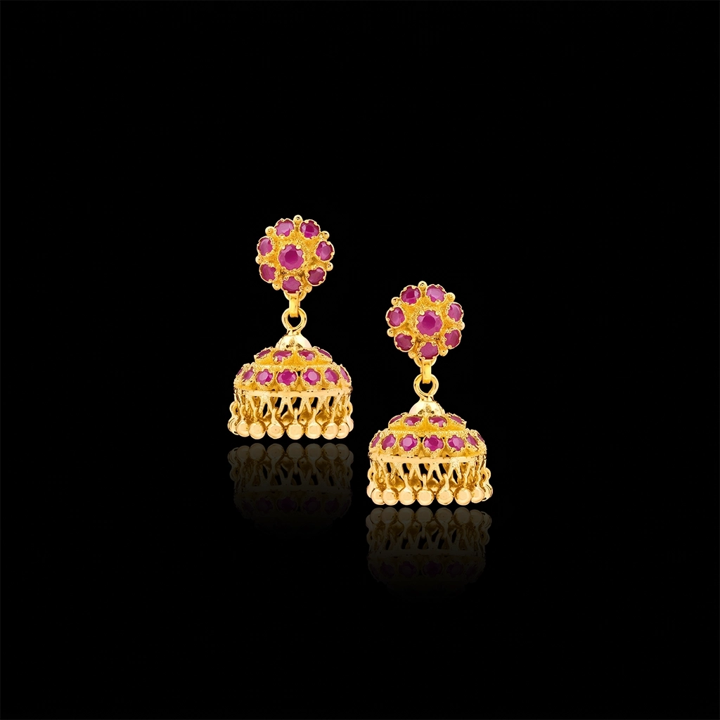 Ruby Stone Floral Bell Jhumka Earrings Gold Layered