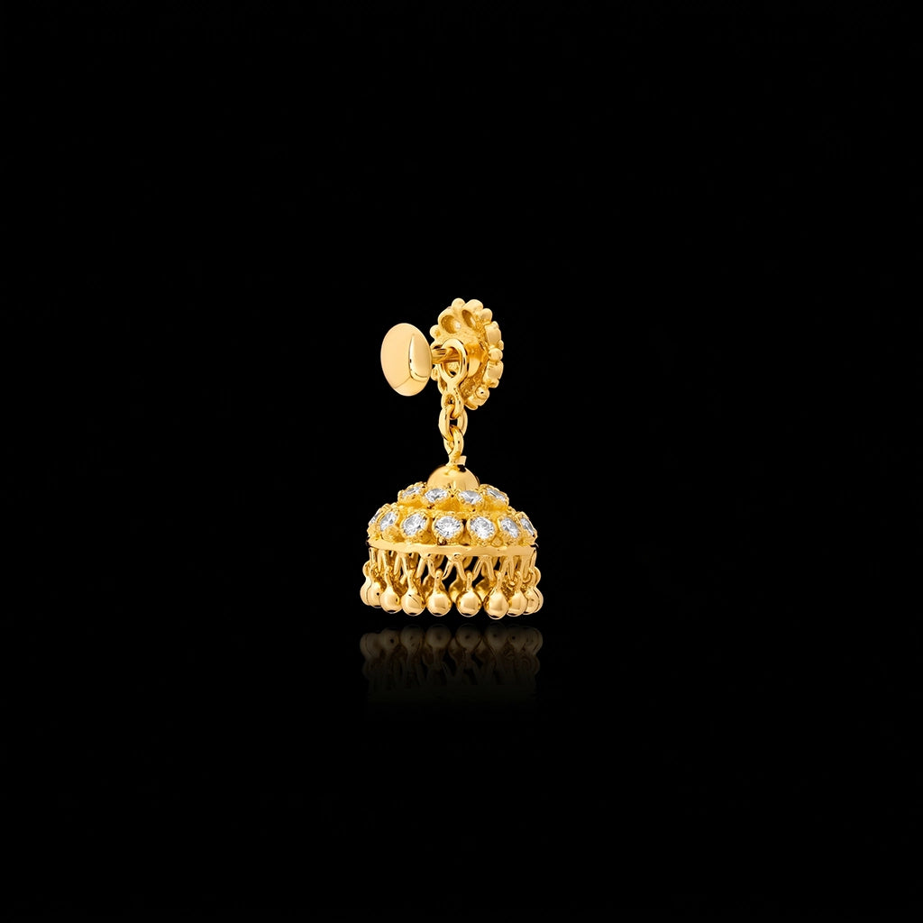 Ruby Stone Floral Bell Jhumka Earrings Gold Layered