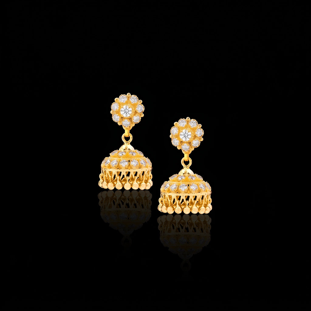 Ruby Stone Floral Bell Jhumka Earrings Gold Layered