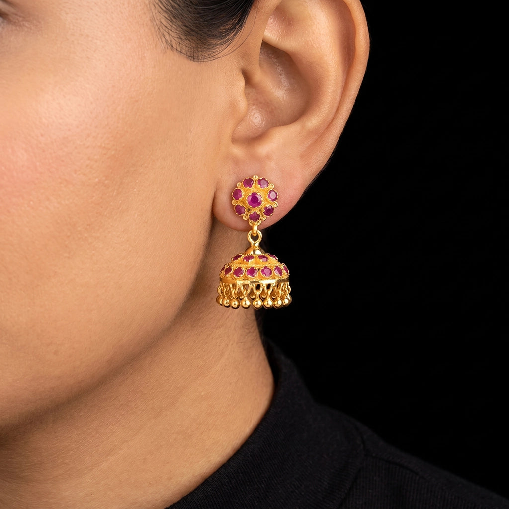 Ruby Stone Floral Bell Jhumka Earrings Gold Layered