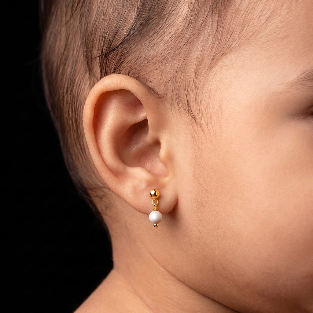 Baby Pearl Ball Drop Hanging Stud Gold Layered