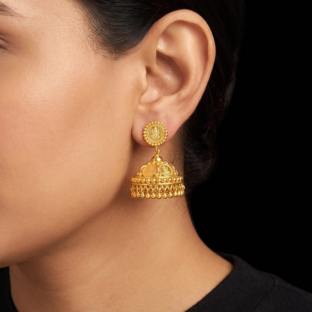 Lakshmi Coin Dome Bead Fringe Jhumka Gold Layered