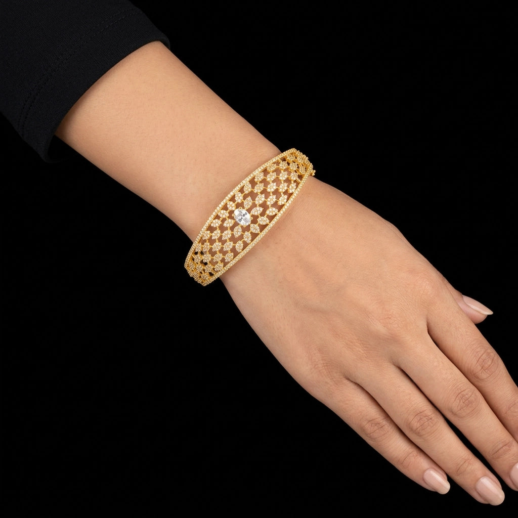 Premium CZ Lattice Leaf Solitaire Openable Bracelet Gold Layered