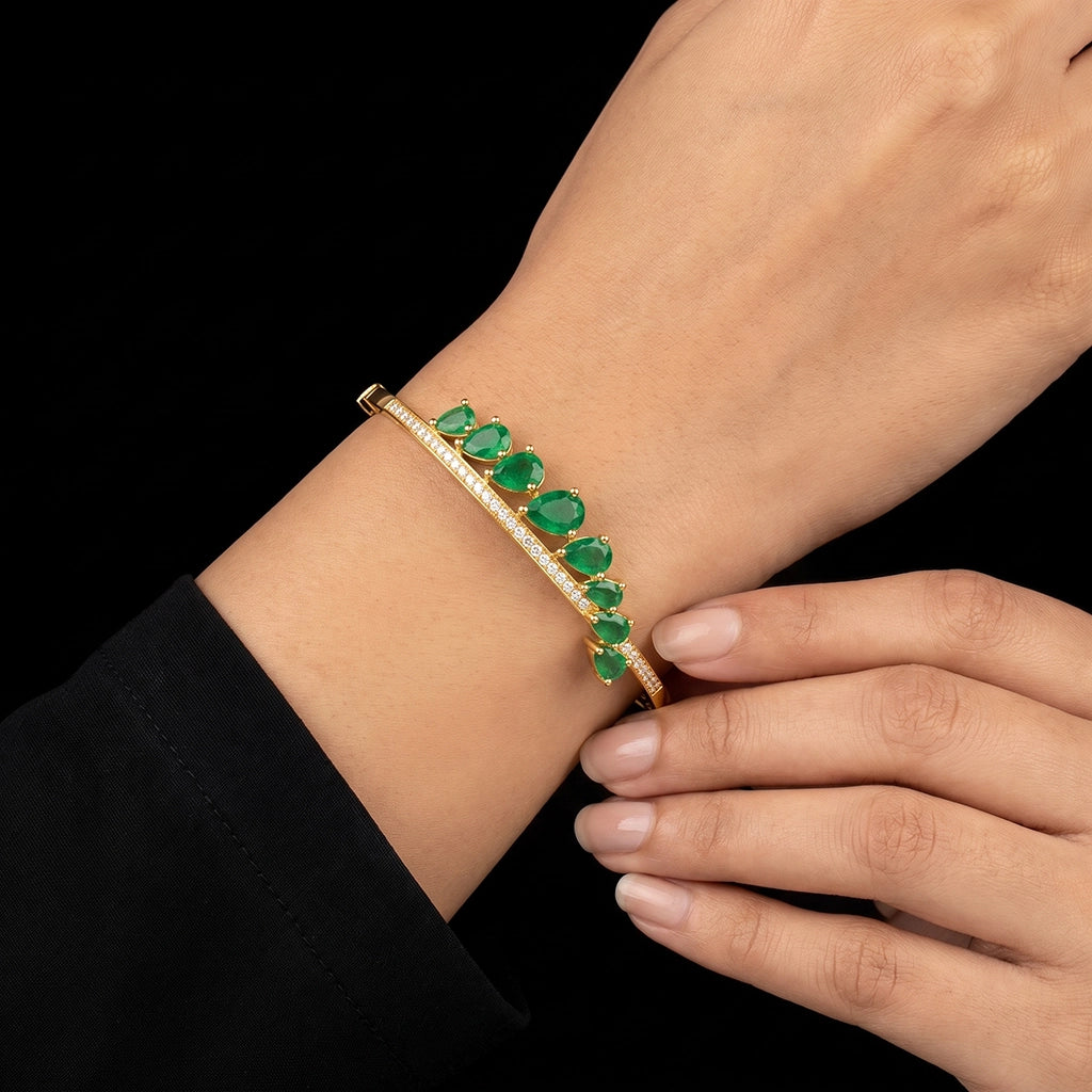 Emerald Colour Pear Cascade CZ Openable Bracelet Gold Layered