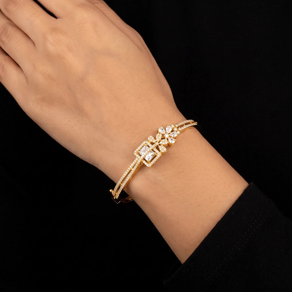 CZ Square Halo Bloom Openable Bracelet Gold Layered