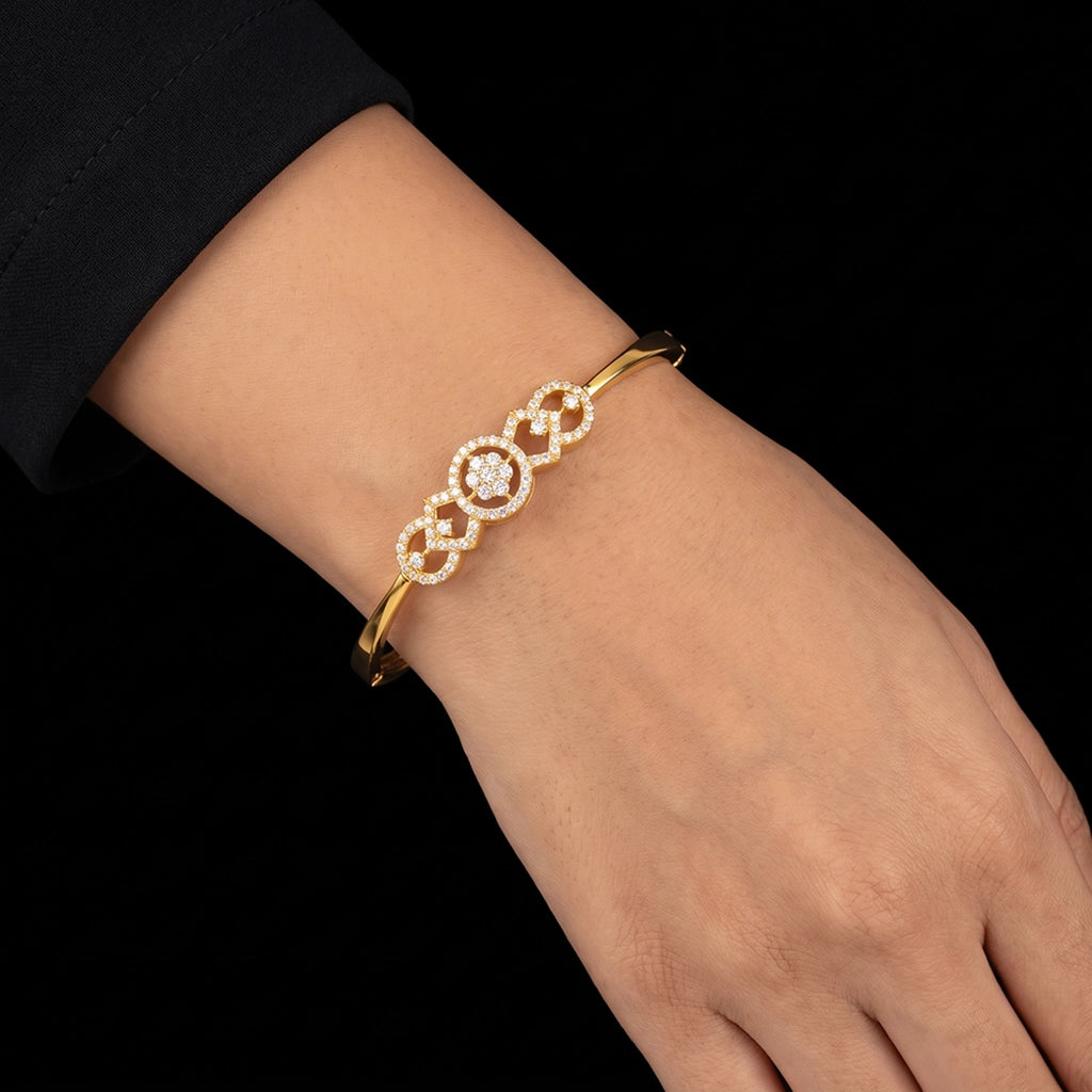 Premium CZ Circle Bloom Lattice Openable Bracelet Gold Layered