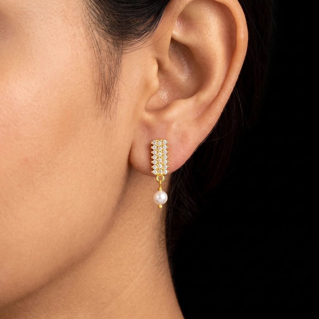 CZ Pave Bar Pearl Drop Hanging Stud Gold Layered