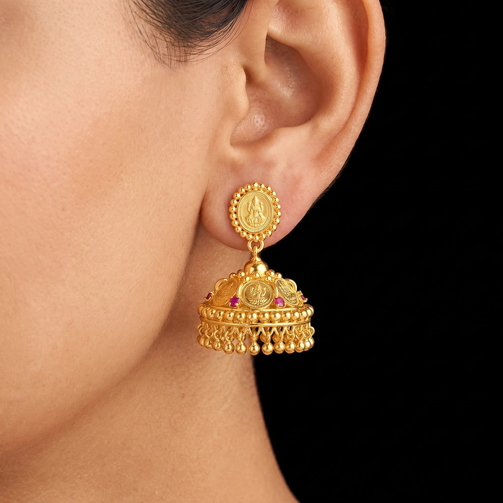 Sreshta Ruby Colour Lakshmi Coin Dome Jhumka Gold Layered
