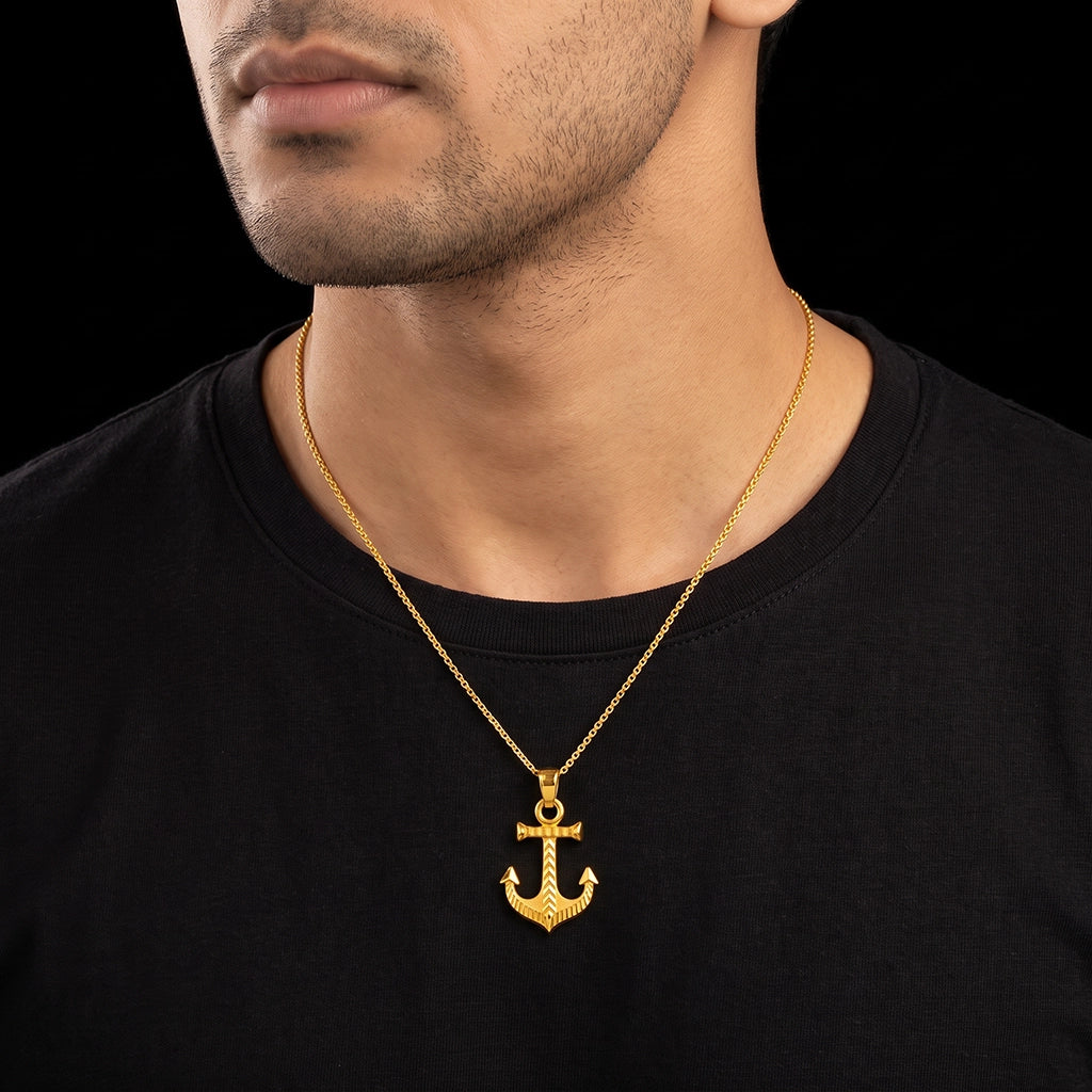 Gents Anchor Chevron Engraved Pendant Gold Layered