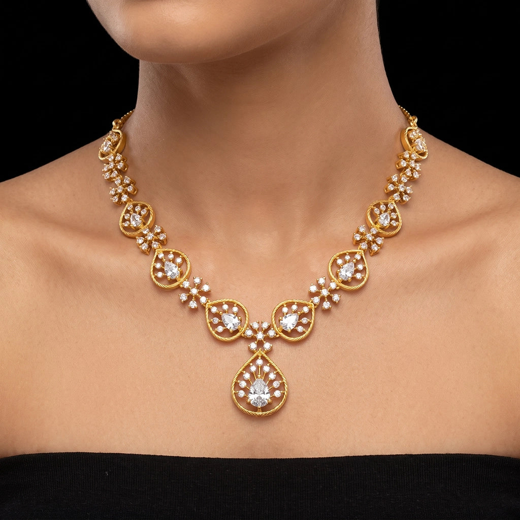 Premium CZ Rope Hoop Pear Drop Necklace Gold Layered