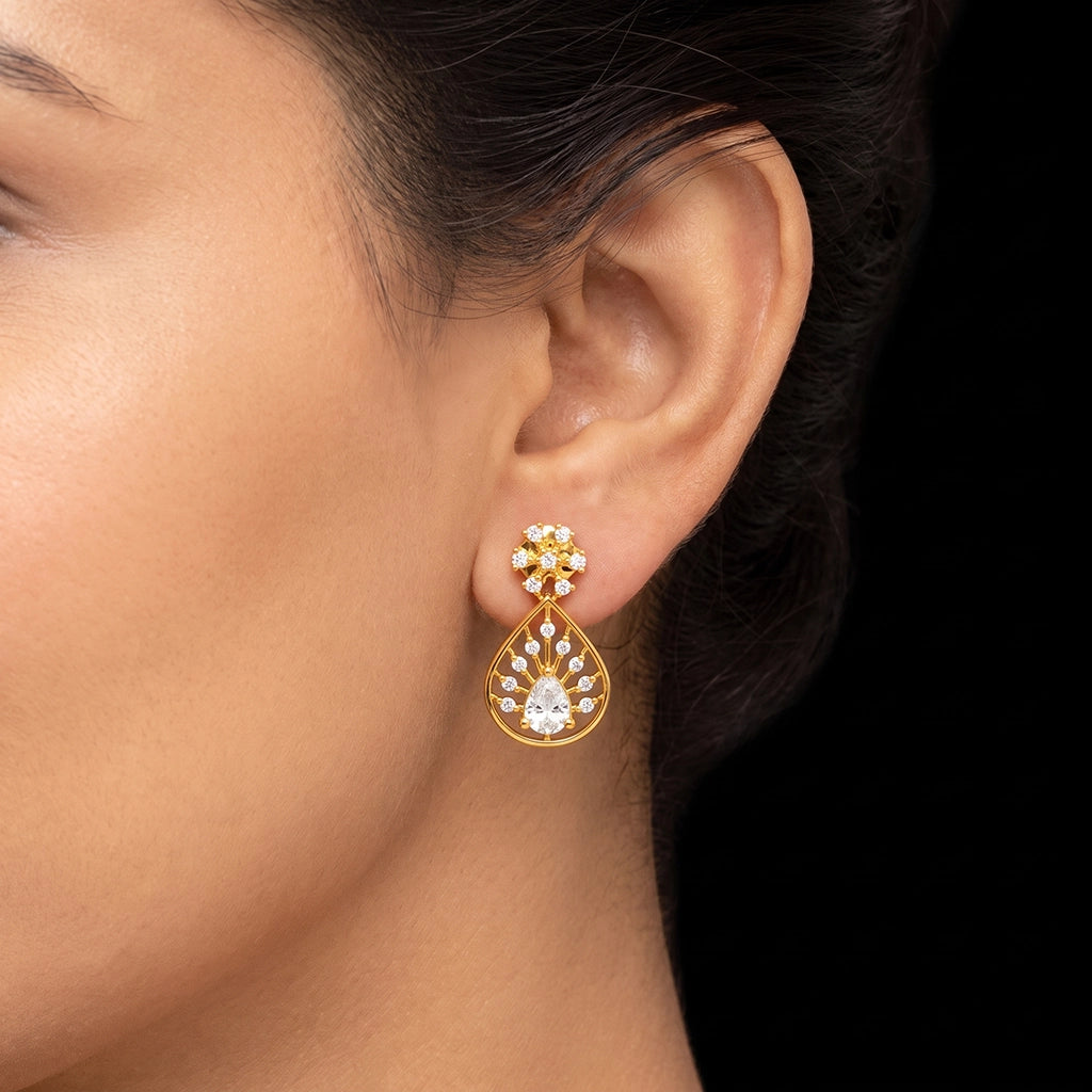 CZ Floret Teardrop Spray Hanging Stud Gold Layered