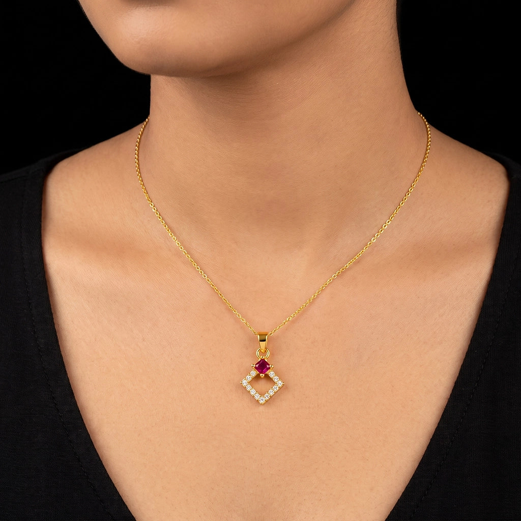 Premium Ruby Square Diamond Open Pendant Gold Layered