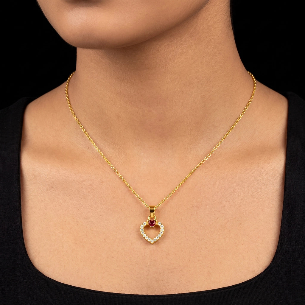 Premium Ruby Heart Open CZ Pendant Gold Layered