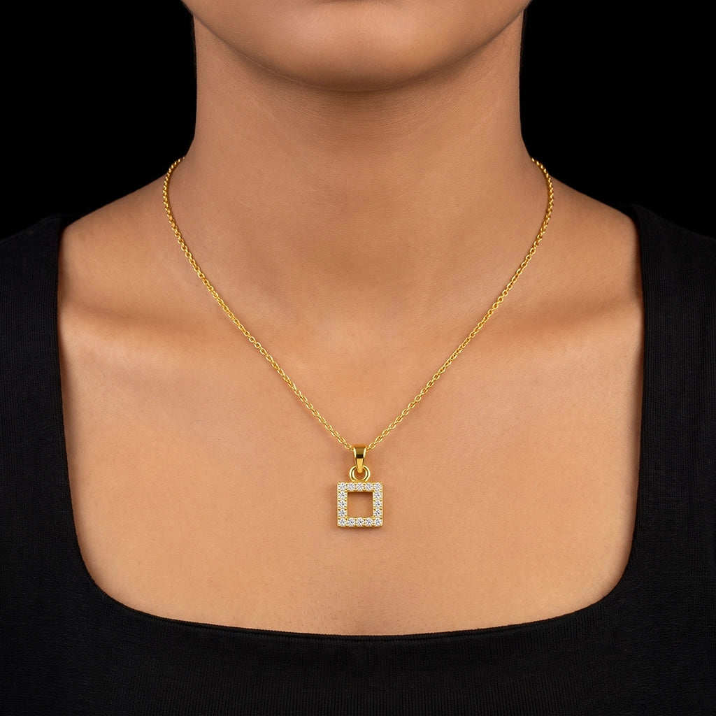 Premium CZ Open Square Frame Pendant Gold Layered