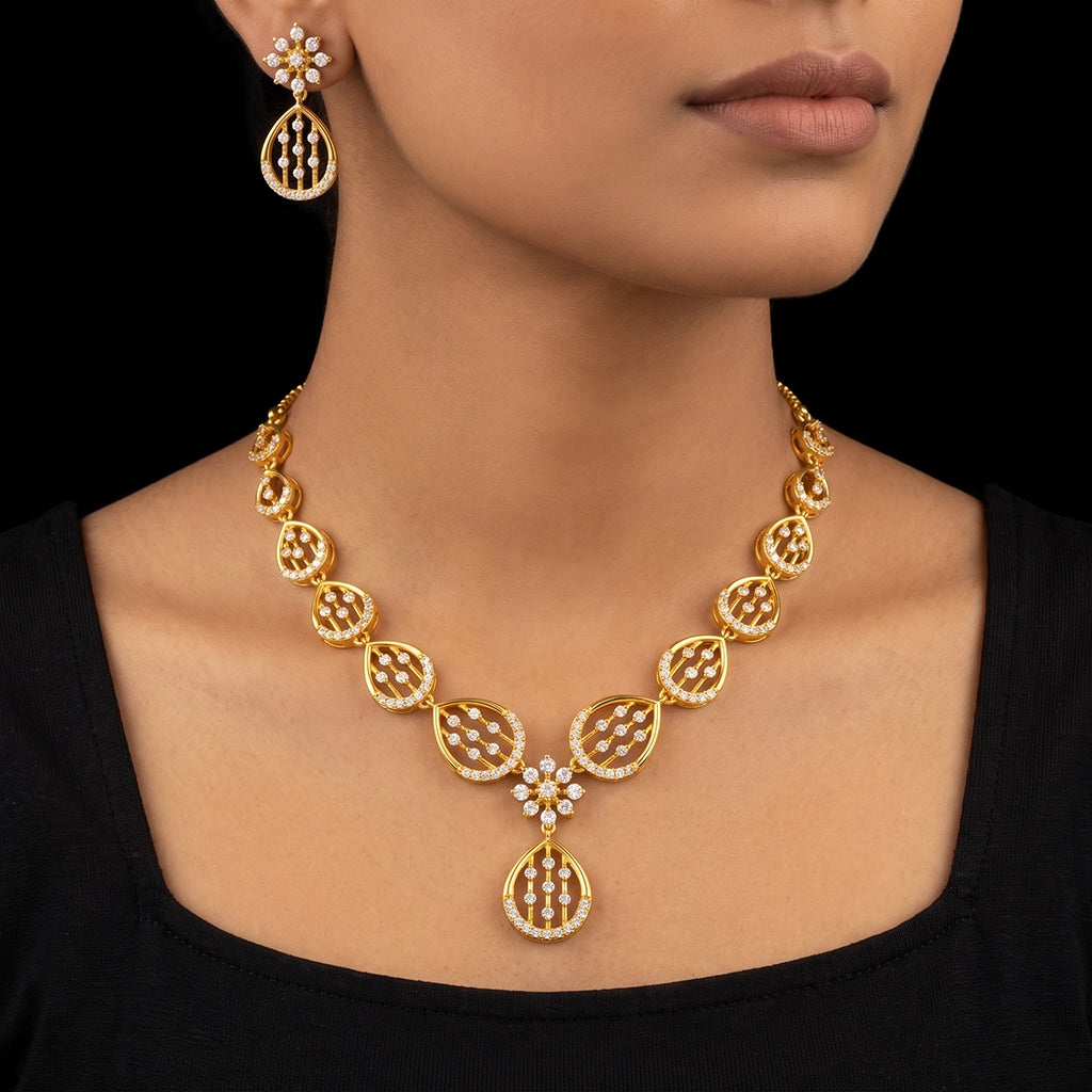 CZ Lattice Teardrop Floret Necklace Set Short Gold Layered
