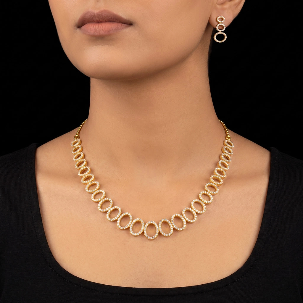 CZ Oval Link Graduated Necklace Set Short Gold Layered