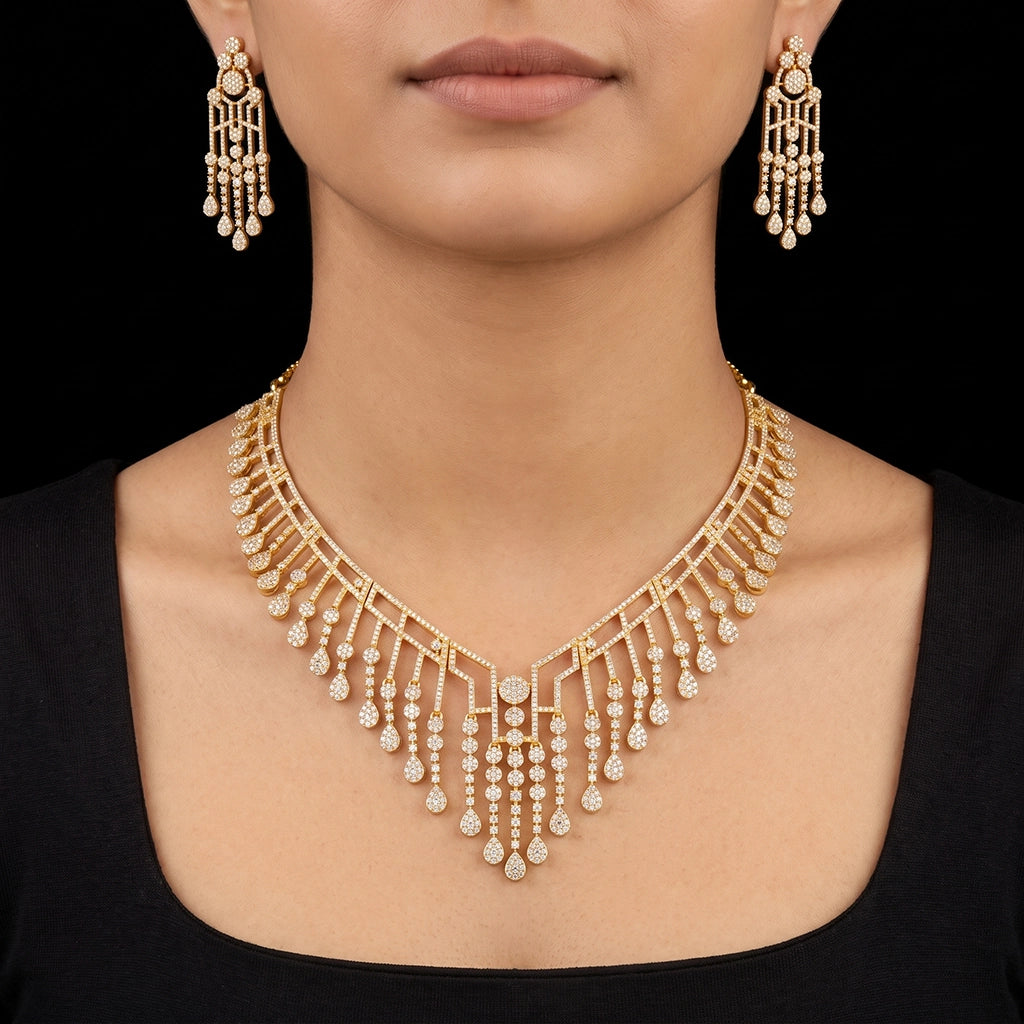 CZ Lattice Teardrop Fringe Necklace Set Short Gold Layered
