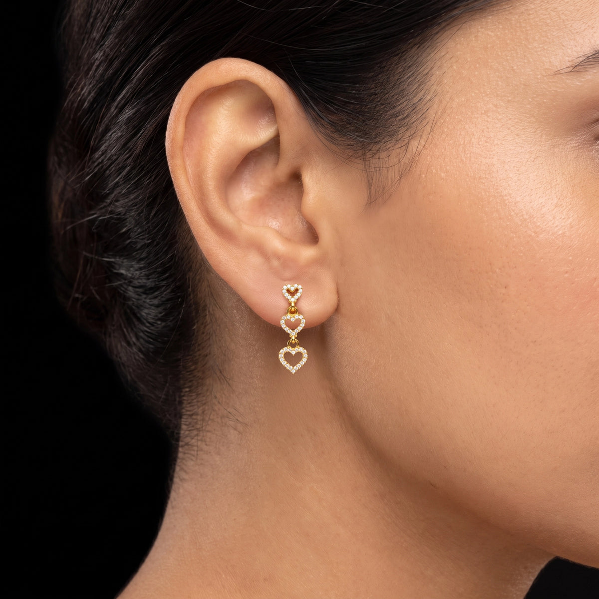 CZ Triple Heart Drop Hanging Stud Gold Layered