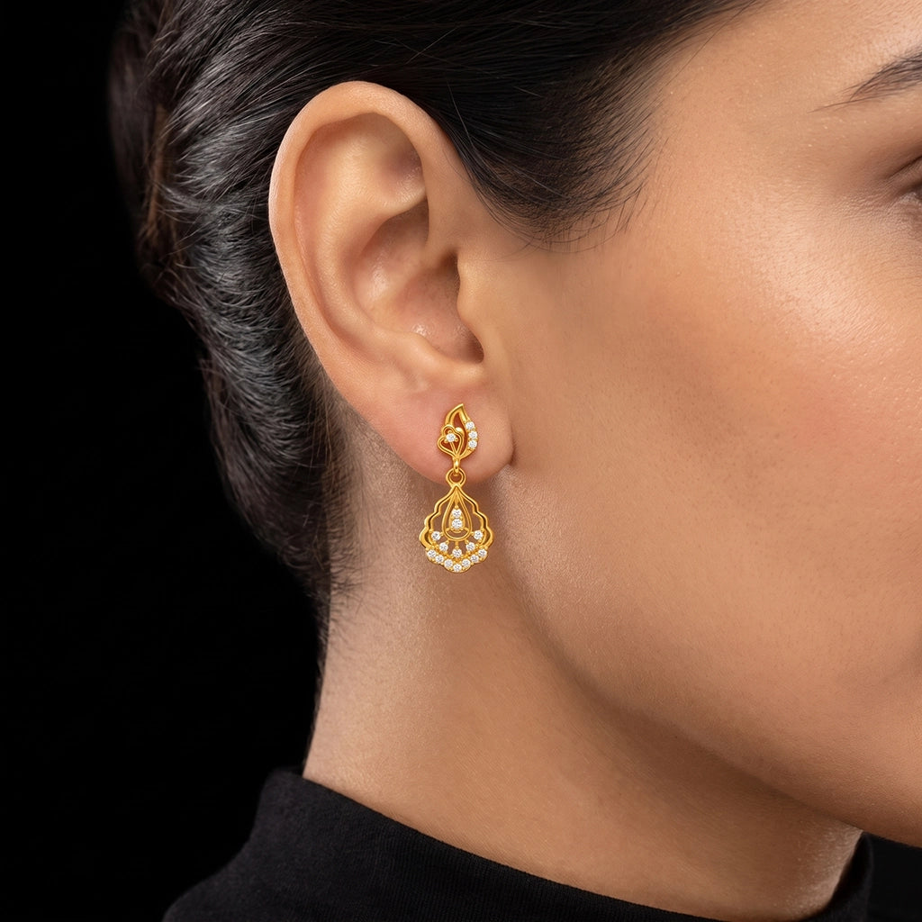 CZ Lotus Drop Scallop Hanging Stud Gold Layered
