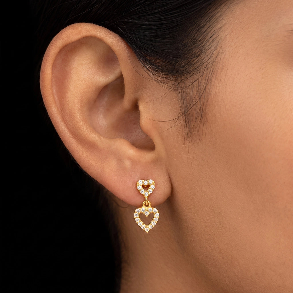 CZ Twin Heart Drop Hanging Stud Gold Layered