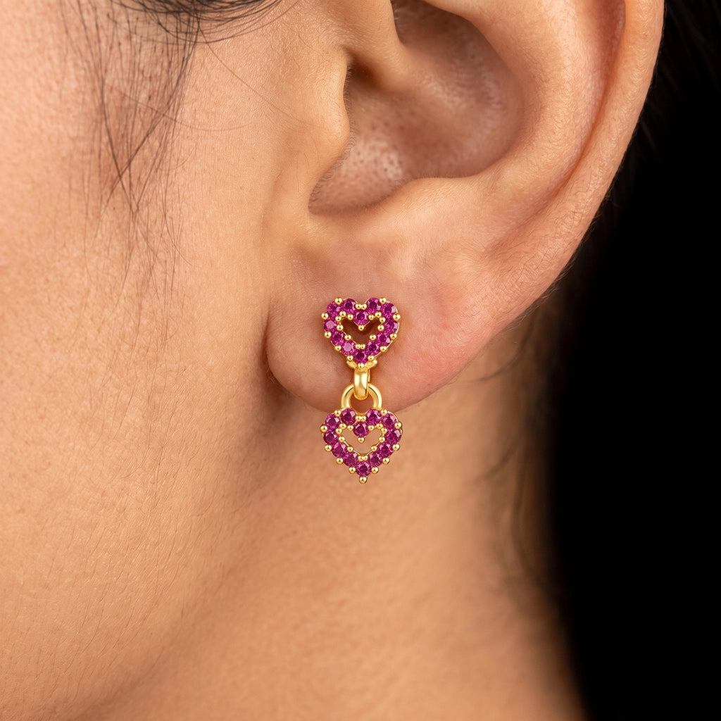 Pink CZ Twin Heart Drop Hanging Stud Gold Layered