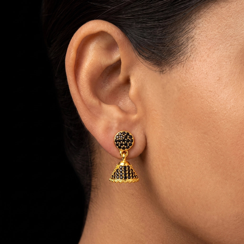 Black CZ Pave Dome Jimikka Hanging Stud Gold Layered