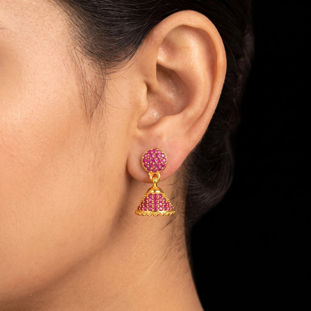 Ruby CZ Pave Dome Jimikka Hanging Stud Gold Layered