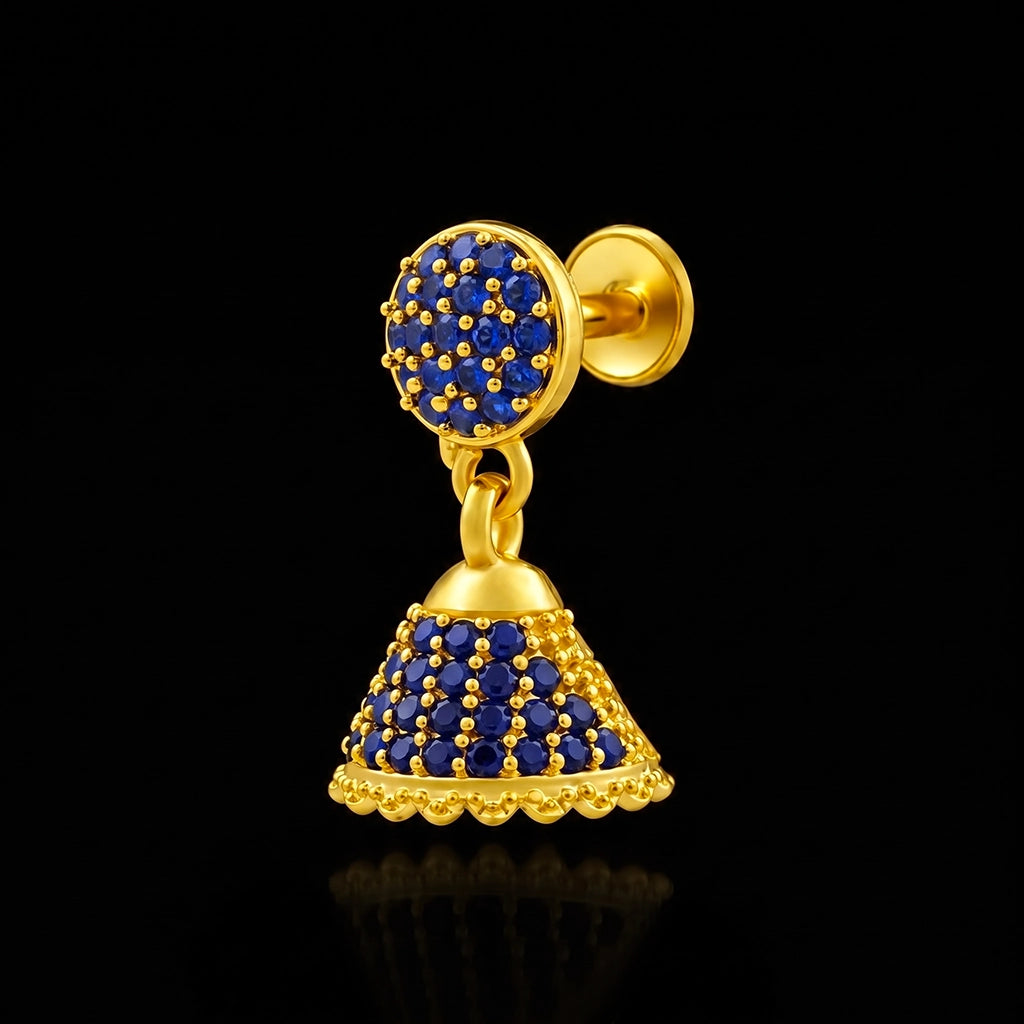 Blue CZ Pave Dome Jimikka Hanging Stud Gold Layered