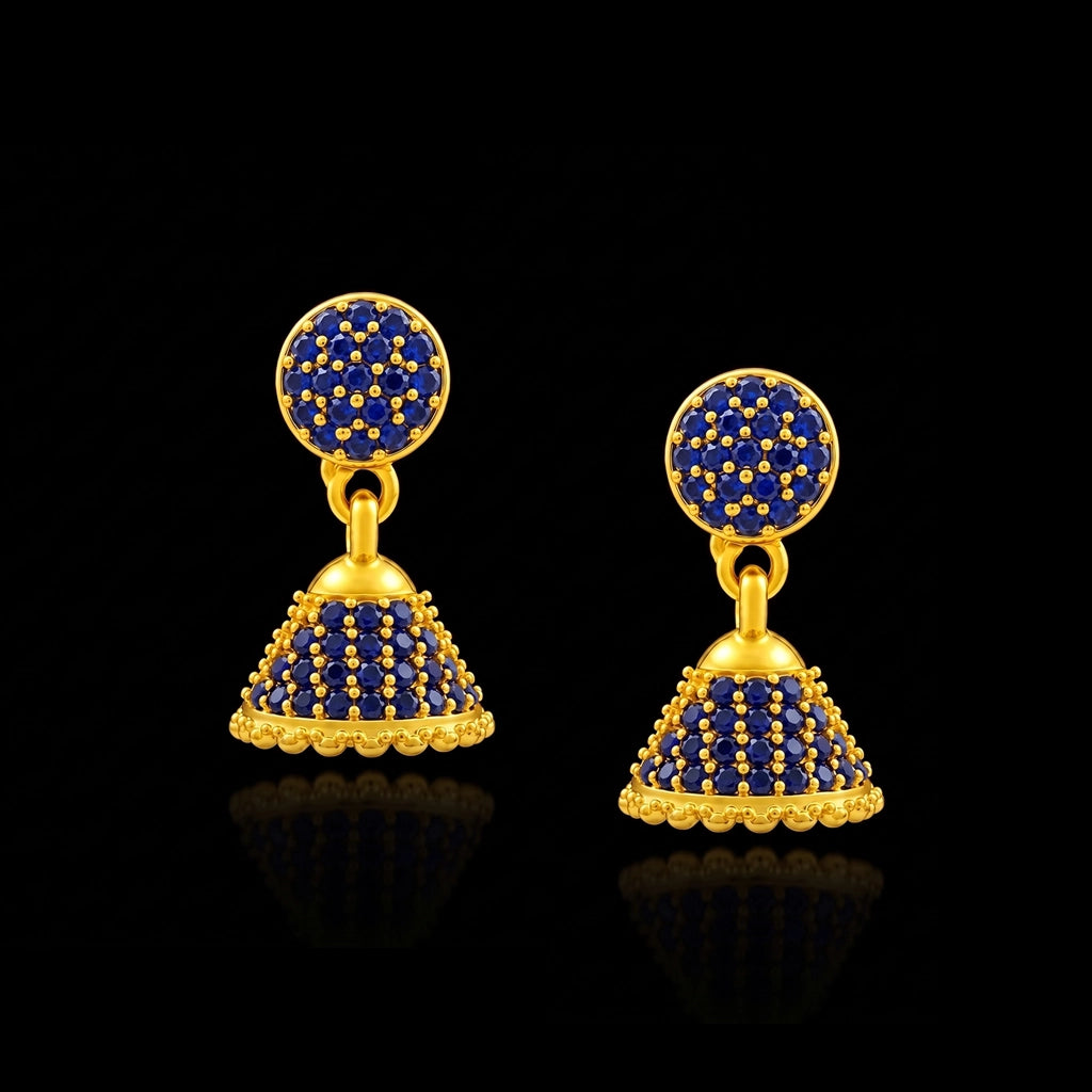 Blue CZ Pave Dome Jimikka Hanging Stud Gold Layered