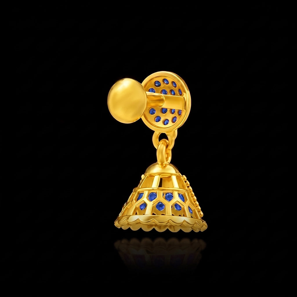 Blue CZ Pave Dome Jimikka Hanging Stud Gold Layered