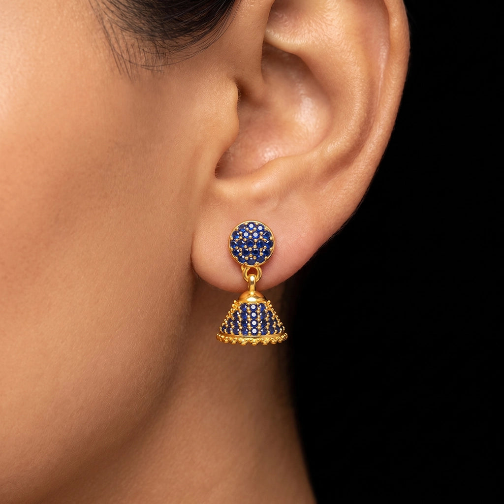 Blue CZ Pave Dome Jimikka Hanging Stud Gold Layered