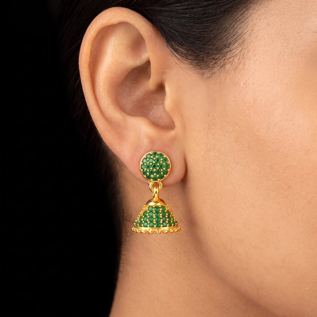 Green CZ Pave Dome Jimikka Hanging Stud Gold Layered