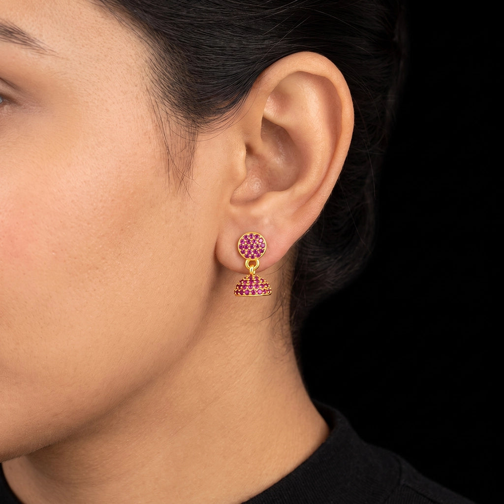 Ruby CZ Pave Dome Jimikka Hanging Stud Gold Layered