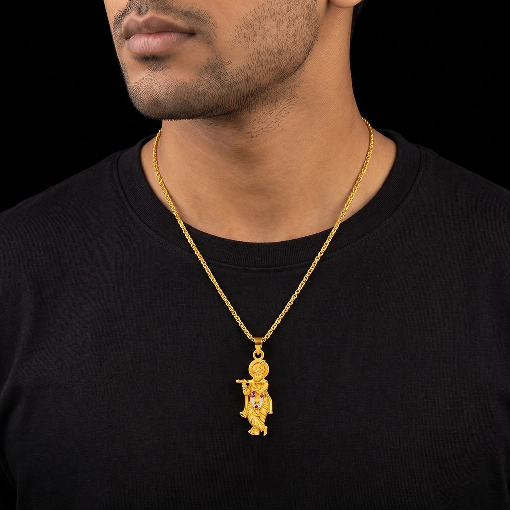 Krishna Flute Standing Stone Pendant Gold Layered