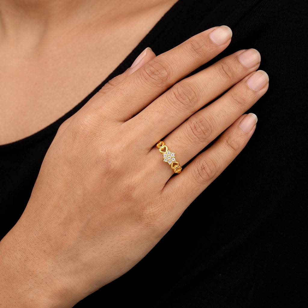 CZ Heart Cluster Floret Fine Ring Gold Layered