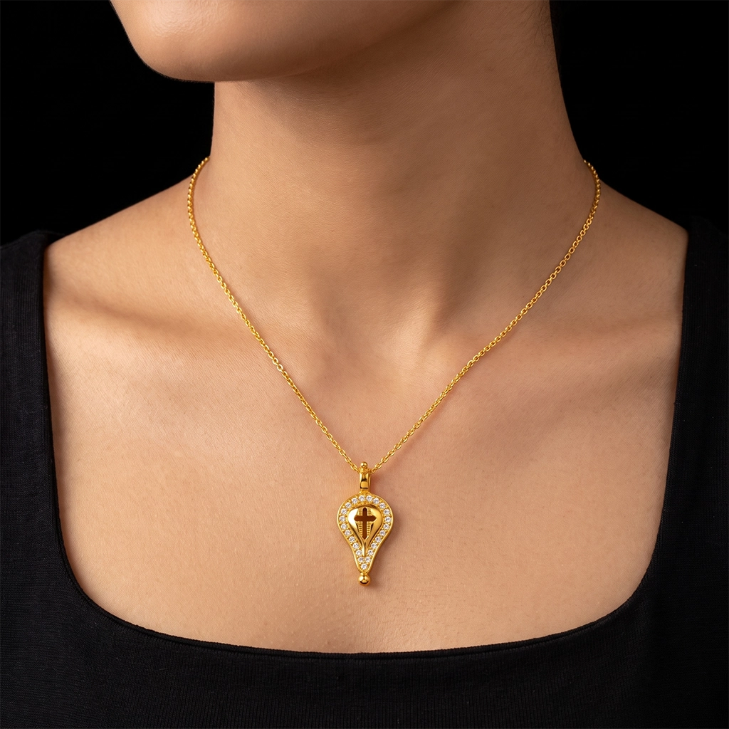 CZ Cross Teardrop Pave Stone Pendant Gold Layered