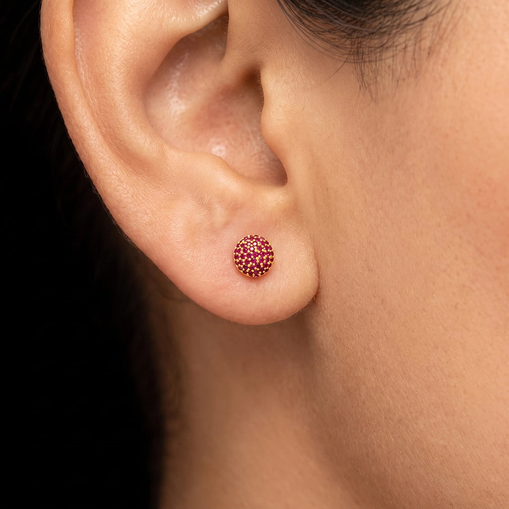 Ruby Colour Pave Dome Ball Stud Gold Layered