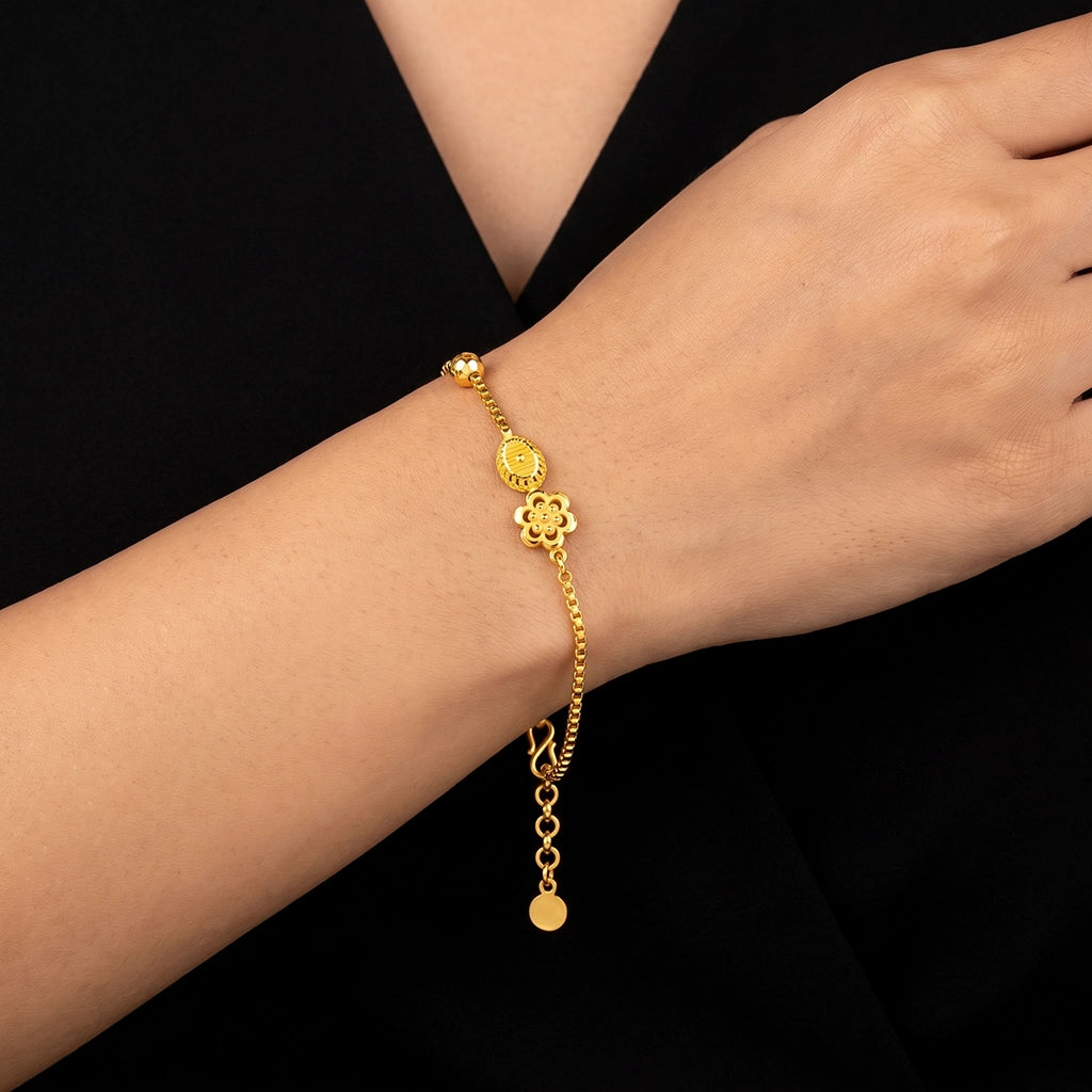 Floret Oval Bead Chain Bracelet Gold Layered