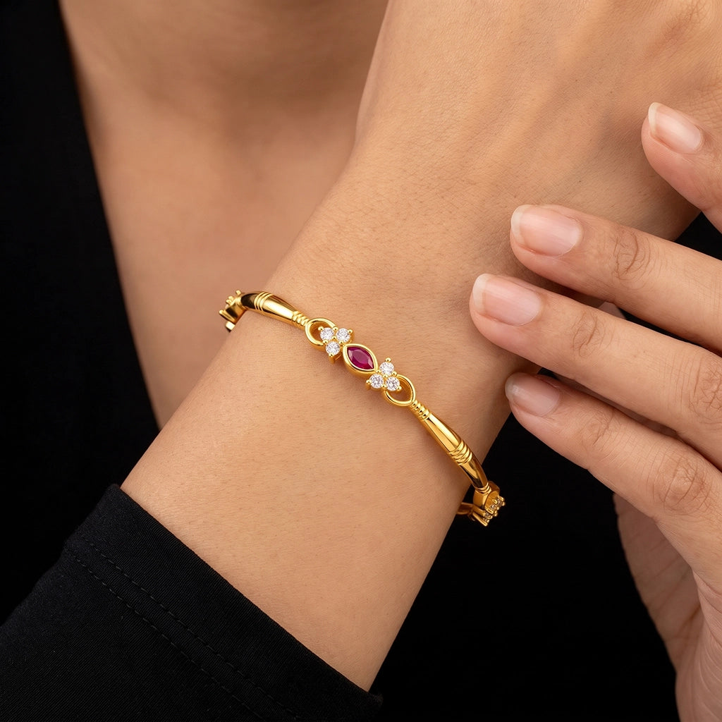 Ruby Colour Marquise Floret Stone Bangle Gold Layered