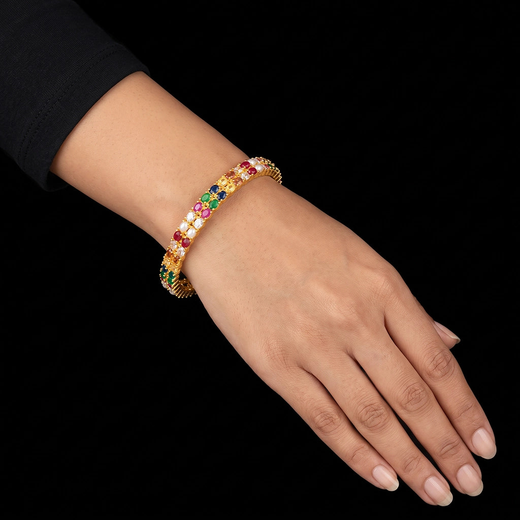 Navaratna Twin Row Stone Bangle Gold Layered