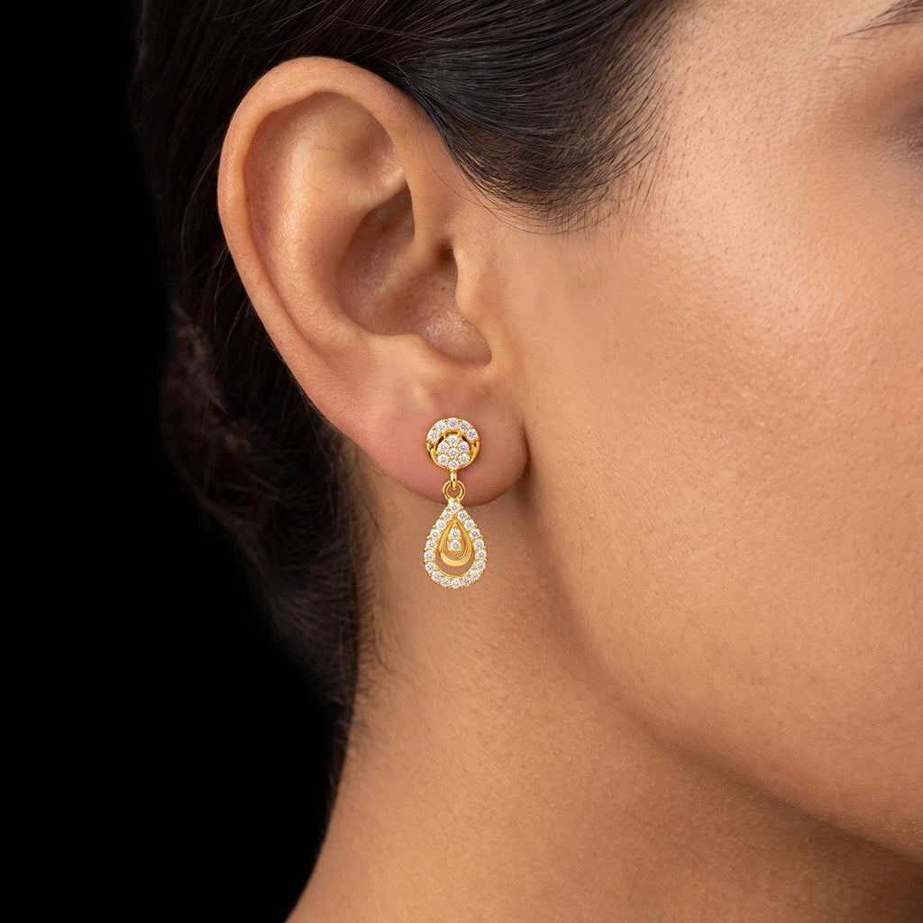 CZ Pave Drop Curl Hanging Stud Gold Layered